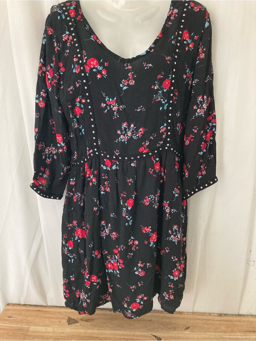 Miss Liberto Black Floral Studded Mini Dress Boho Bell Sleeve Size 40